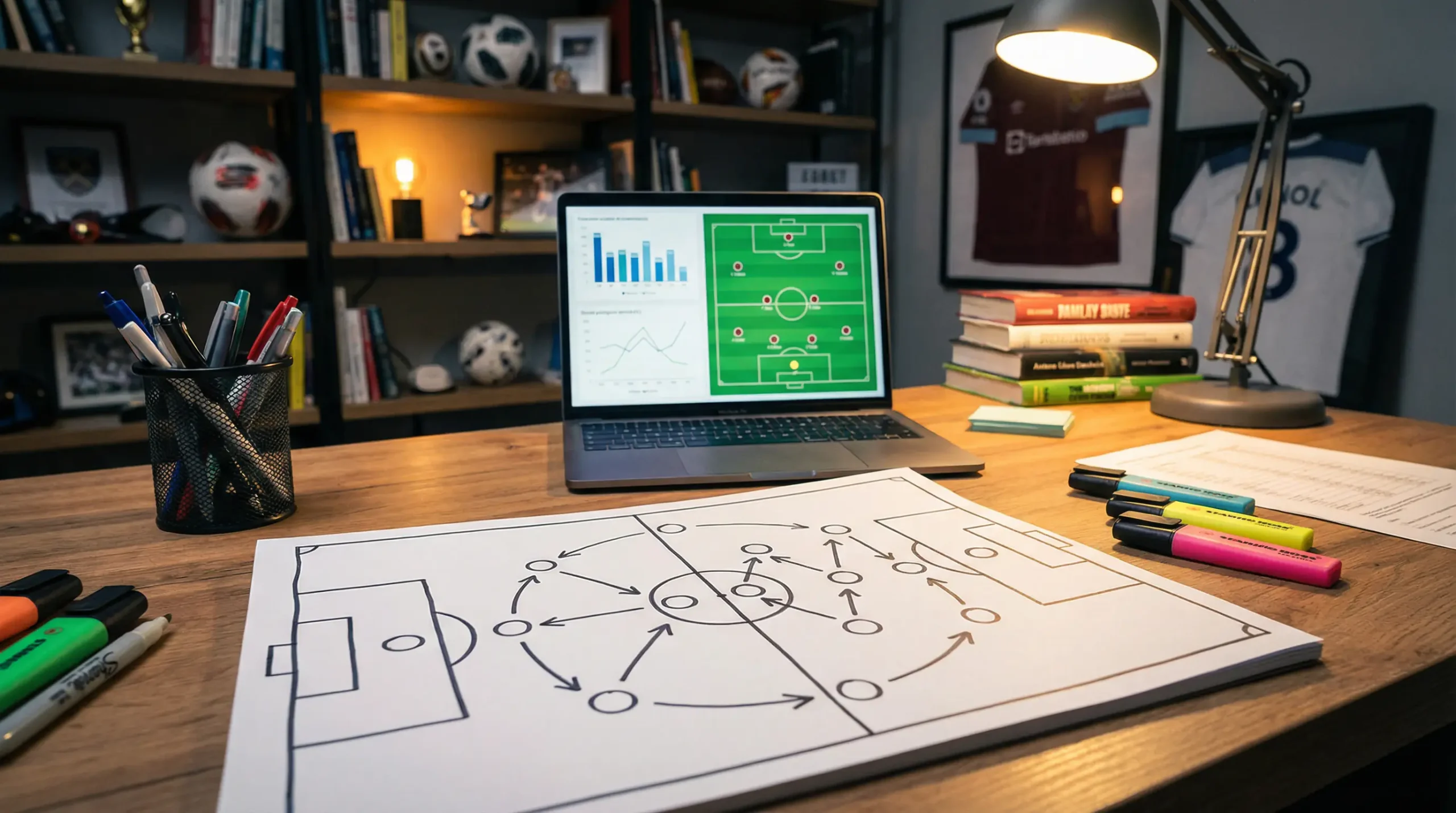Escritorio con alineaciones, estadísticas y notas de análisis de partido