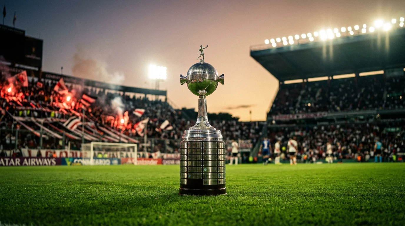 Trofeo de la Copa Libertadores junto a pizarra con análisis de cuotas