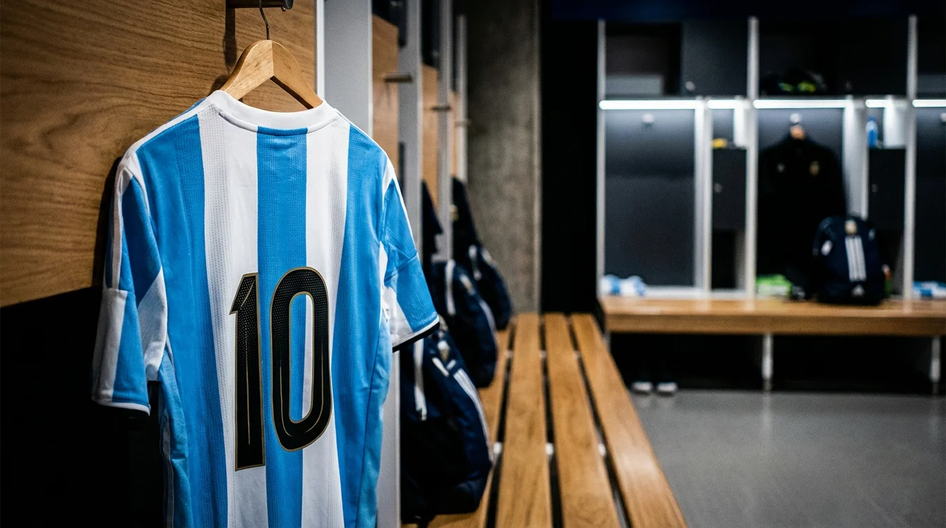 Lionel Messi con la camiseta de Argentina junto a estadísticas de goles
