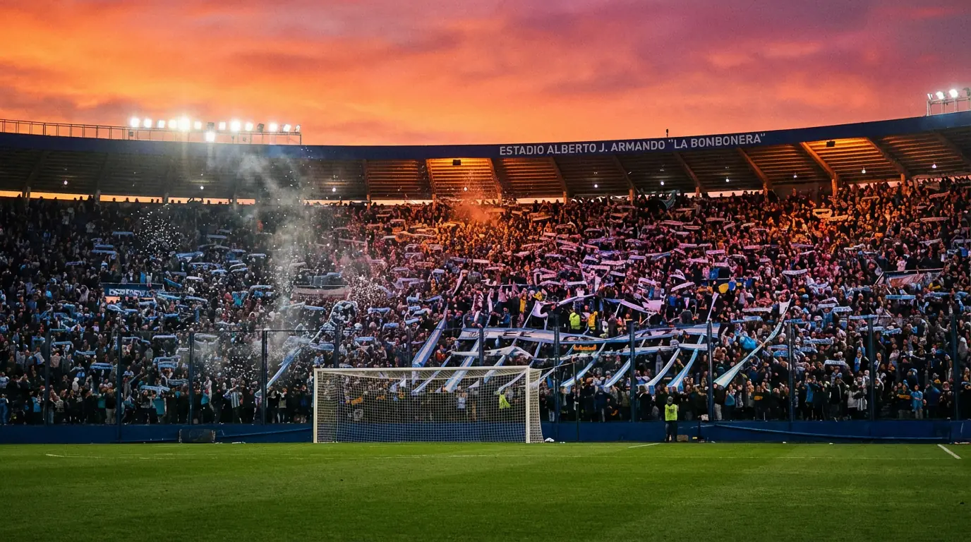 Estadio de fútbol argentino lleno al atardecer con hinchada celebrando en las tribunas
