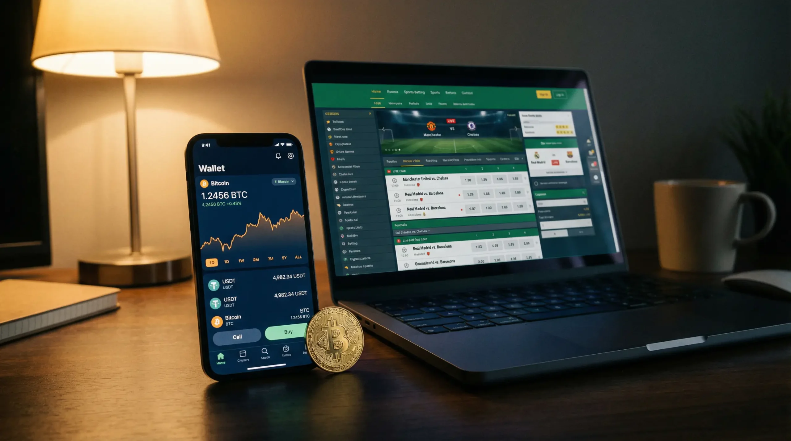 Billetera de criptomonedas con Bitcoin y USDT junto a interfaz de apuestas