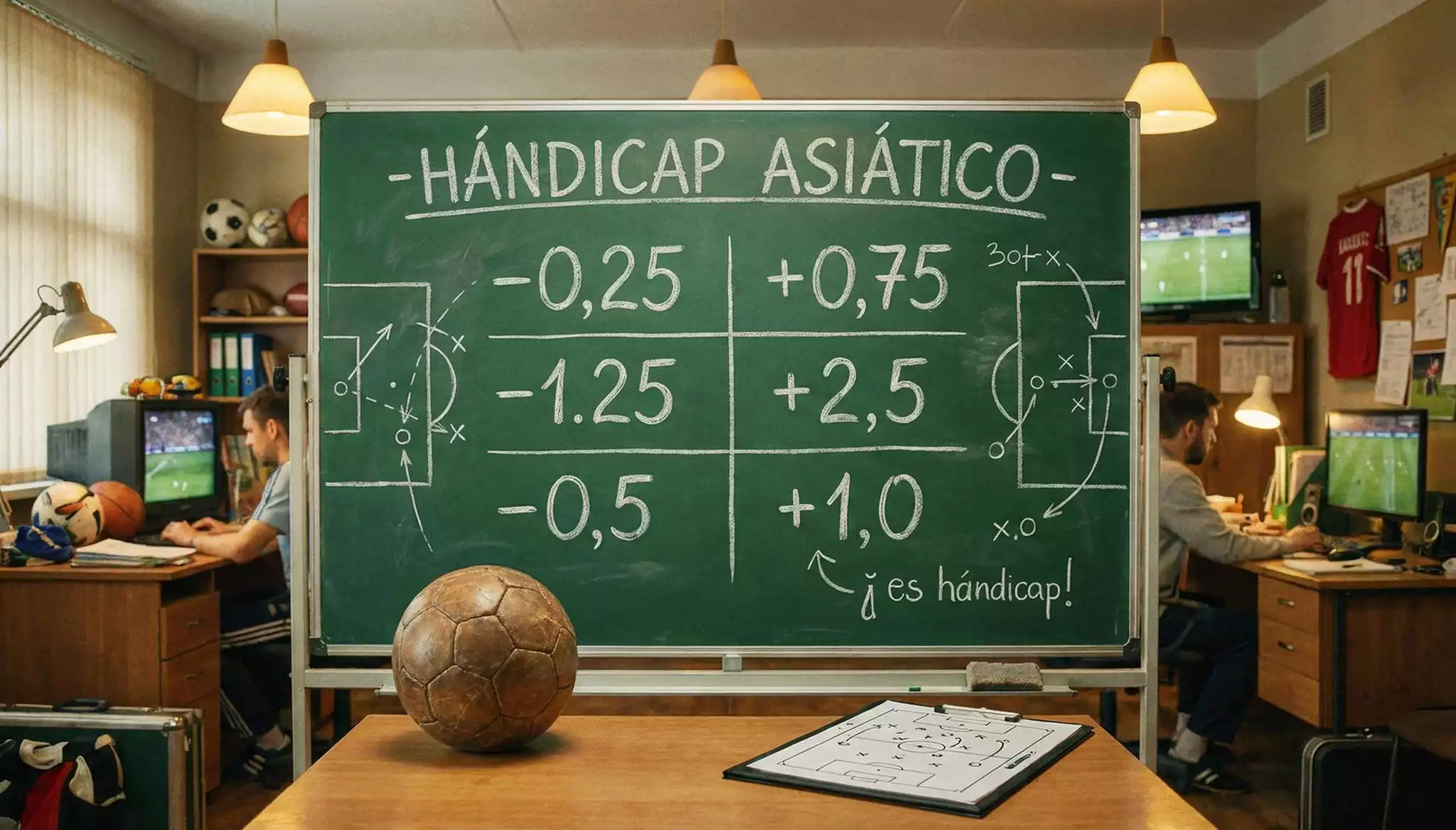 Pizarra con líneas de hándicap asiático aplicadas a un partido de la Liga Profesional