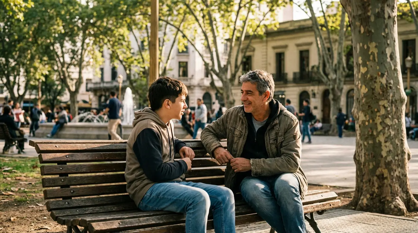 Padre e hijo conversando sentados en un banco de una plaza de Buenos Aires al atardecer