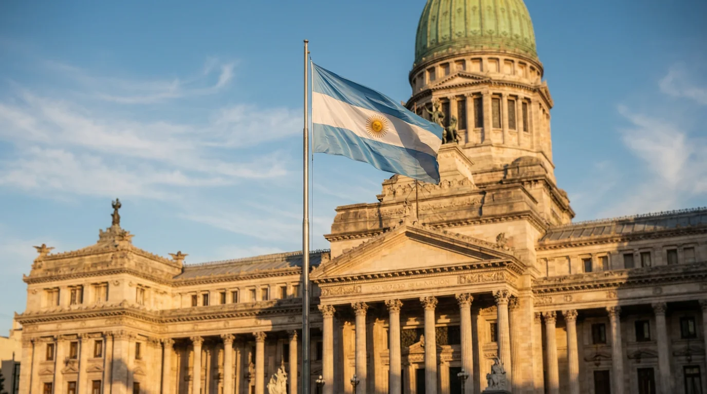 Bandera argentina flameando frente al edificio del Congreso en Buenos Aires al atardecer