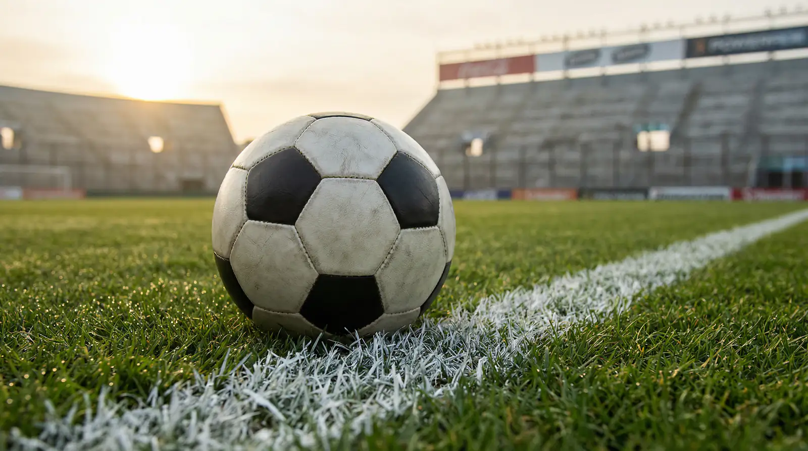 Pelota de fútbol sobre césped verde de la línea de medio campo de un estadio argentino