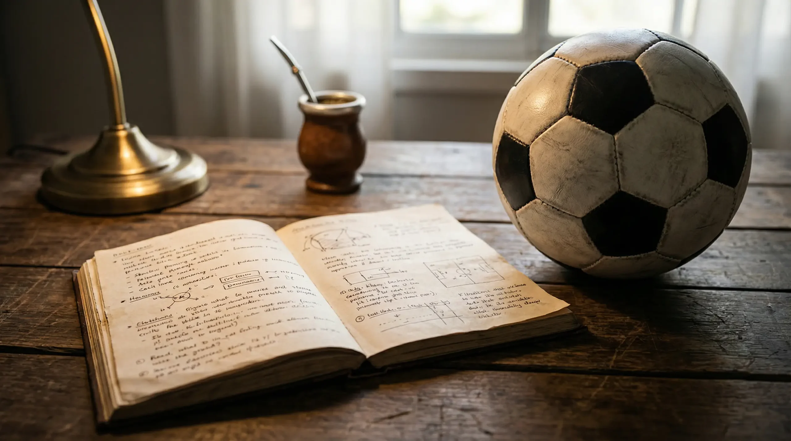 Cuaderno abierto con anotaciones manuscritas junto a una pelota de fútbol sobre mesa de madera